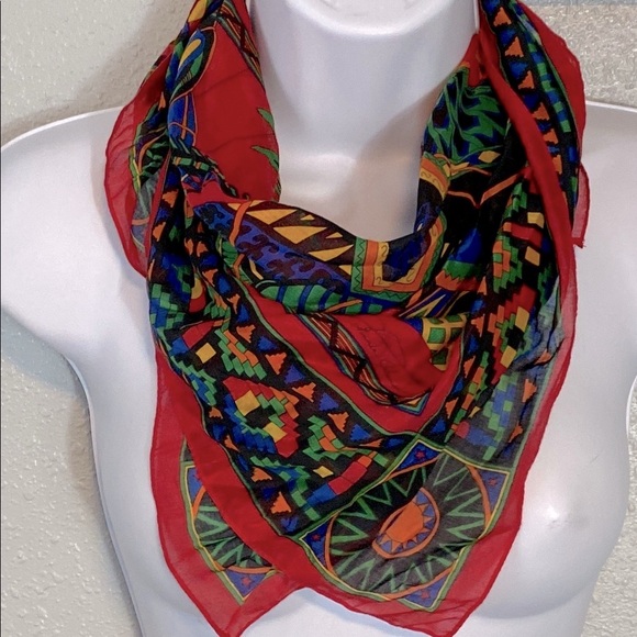 Vintage Ginnie Johansen Vibrant Red and Blue Scarf with Geometric Patterns - Picture 5 of 5